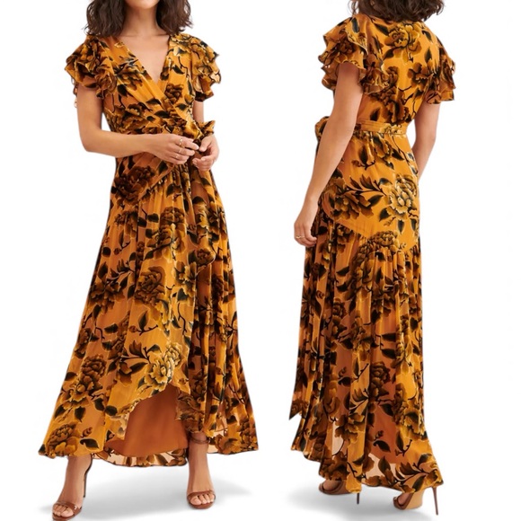 Anthro Hutch Floral Velvet Sheer Ruffle Flutter Sleeve Tie Wrap Maxi Dress - Picture 1 of 16